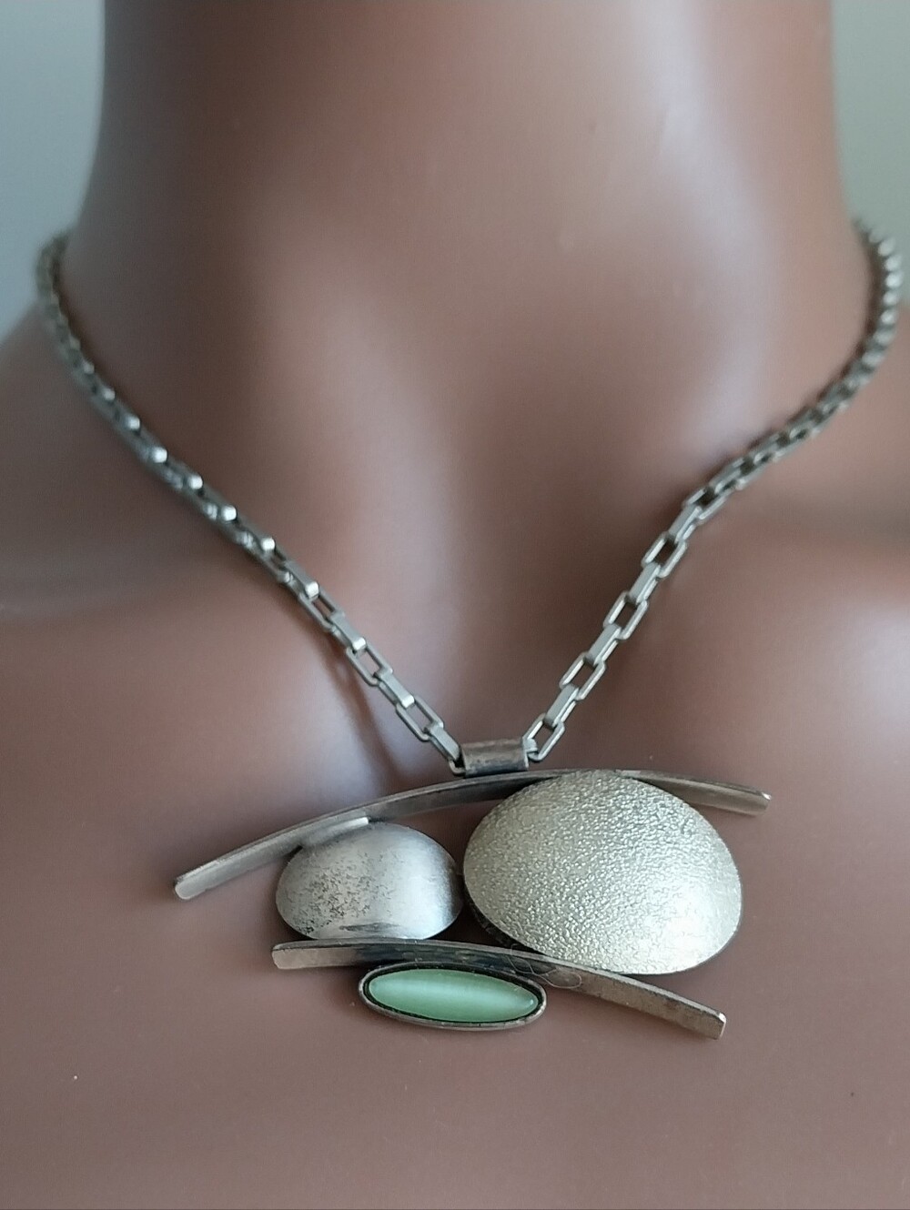 Textured Silver-Tone Pendant Necklace with Mint Green Stone